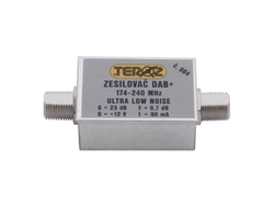 Anténní zesilovač Teroz 604X, nízkošumový, DAB, G23dB, F0,7dB, U>120dBμV, F-F