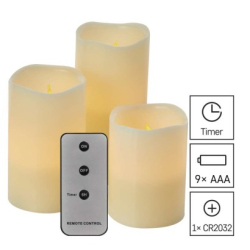 LED dekorace – vosková svíčka, různé velikosti, 3x AAA, vnitřní, vintage, 3 ks, ovladač