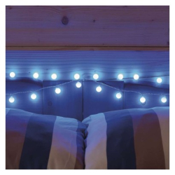 LED světelný cherry řetěz – kuličky 2,5 cm, 4 m, venkovní i vnitřní, modrá, časovač