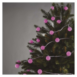 LED světelný cherry řetěz – kuličky 2,5 cm, 4 m, venkovní i vnitřní, růžová, časovač