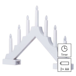 LED svícen dřevěný bílý, 29 cm, 2x AA, vnitřní, teplá bílá, časovač
