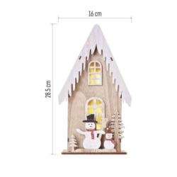 LED dekorace dřevěná – domek se sněhuláky, 28,5 cm, 2x AA, vnitřní, teplá bílá, časovač