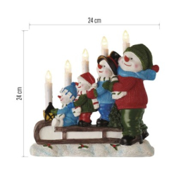LED svícen – sněhuláci na saních, 24 cm, 2x AA, vnitřní, teplá bílá, časovač