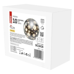 LED vánoční skleněná koule – vločky, 12 cm, 3x AA, vnitřní, teplá bílá, časovač