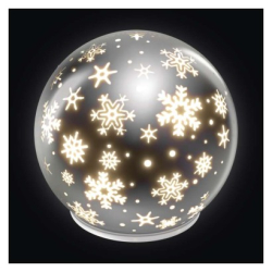LED vánoční skleněná koule – vločky, 12 cm, 3x AA, vnitřní, teplá bílá, časovač