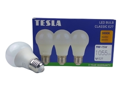 Tesla - LED žárovka BULB E27, 9W, 230V, 1055lm, 25 000h, 3000K teplá bílá, 220st 3ks v balení