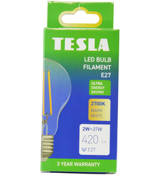 Tesla - LED žárovka FILAMENT A class, E27, 2W, 420lm, 2700K teplá bílá, 360st, čirá, 230V, 25 000h