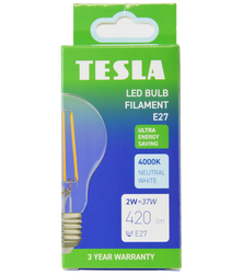 Tesla - LED žárovka FILAMENT A class, E27, 2W, 420lm, 4000K denní bílá, 360st, čirá, 230V, 25 000h