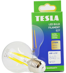 Tesla - LED žárovka FILAMENT A class, E27, 4W, 840lm, 2700K teplá bílá, 360st, čirá, 230V, 25 000h