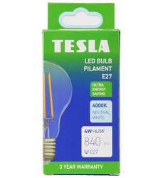 Tesla - LED žárovka FILAMENT A class, E27, 4W, 840lm, 4000K denní bílá, 360st, čirá, 230V, 25 000h