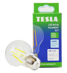 Tesla - LED žárovka FILAMENT A class, E27, 4W, 840lm, 4000K denní bílá, 360st, čirá, 230V, 25 000h