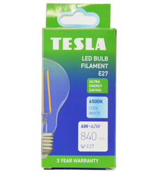 Tesla - LED žárovka FILAMENT A class, E27, 4W, 840lm, 6500K studená bílá, 360st, čirá, 230V, 25 000h