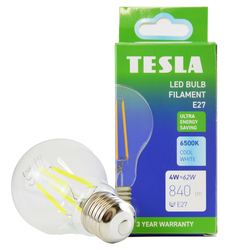 Tesla - LED žárovka FILAMENT A class, E27, 4W, 840lm, 6500K studená bílá, 360st, čirá, 230V, 25 000h