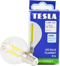 Tesla - LED žárovka miniglobe FILAMENT RETRO E14, 4W, 230V,470lm,25 000h, 4000K denní bílá, 360st, čirá