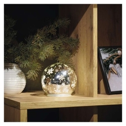 LED vánoční skleněná koule – vločky, 12 cm, 3x AA, vnitřní, teplá bílá, časovač