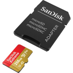 SanDisk Extreme microSDXC 256 GB + SD Adapter 190 MB/s and 130 MB/s Read/Write A2 C10 V30 UHS-I U3