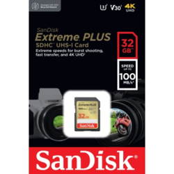 SanDisk Extreme PLUS 32 GB SDHC Memory Card 100 MB/s and 60 MB/s, UHS-I, Class 10, U3, V30