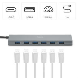 Hama USB hub, 7 portů, USB 3.2, 5 Gb/s, USB-C adaptér, síťový zdroj
