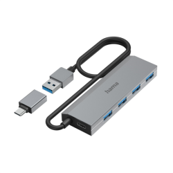 Hama USB hub, 4 porty, USB 3.2, 5 Gb/s, USB-C adaptér, síťový zdroj