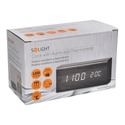 Solight hodiny s budíkem, bílé LED podsvícení, tři budíky, nastavitelná intenzita podsvícení, teploměr, dekor: černé dřevo