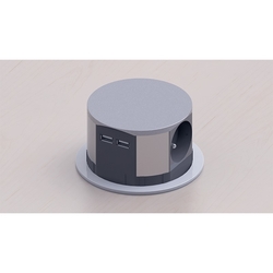 Solight výsuvný blok zásuvek, 3 zásuvky, 2x USB, kruhový tvar nízký,  prodlužovací přívod 1,5m, 3 x 1mm2, stříbrný