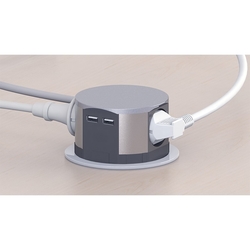 Solight výsuvný blok zásuvek, 3 zásuvky, 2x USB, kruhový tvar nízký,  prodlužovací přívod 1,5m, 3 x 1mm2, stříbrný
