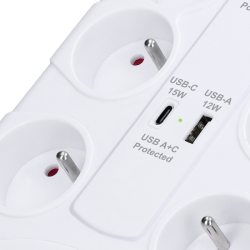 Solight přepěťová ochrana, 8z, USB A+C 3.4A, 2m, bílá