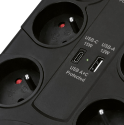 Solight přepěťová ochrana, 8z, USB A+C 3.4A, 2m, černá