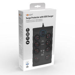 Solight přepěťová ochrana, 8z, USB A+C 3.4A, 2m, černá
