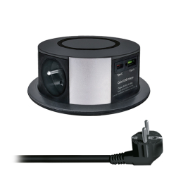 Solight 3z + USB A+C 20W PD, Wireless 10W, výsuvný blok zásuvek, 2m,  černý