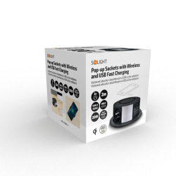 Solight 3z + USB A+C 20W PD, Wireless 10W, výsuvný blok zásuvek, 2m,  černý
