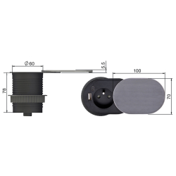 Solight 1z + USB A+C 20W PD vestavná zásuvka s posuvným víčkem, 2m, stříbrná