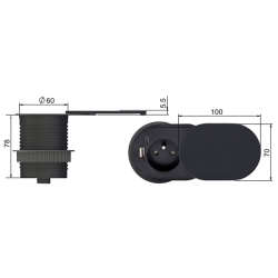 Solight 1z + USB A+C 20W PD vestavná zásuvka s posuvným víčkem, 2m, matná černá
