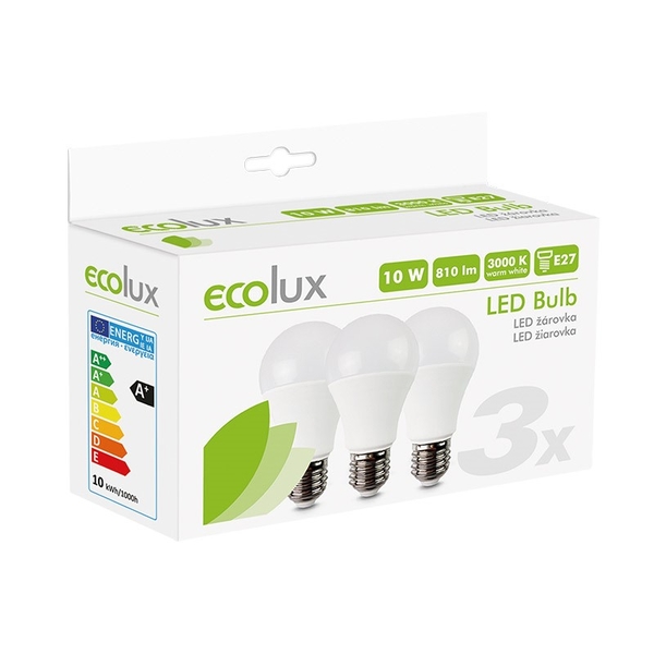 ECOLUX  LED žárovka 3-pack, klasický tvar, 10W, E27, 3000K, 270°, 810lm, 3ks v balení