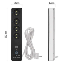 GoSmart Prodlužovací kabel 2 m / 4 zásuvky / s vypínačem / PVC / s USB a wifi / 1,5 mm2